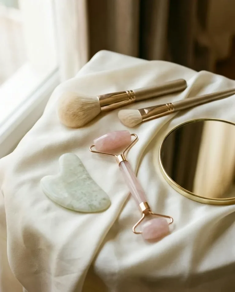 Facial roller, gua sha and makeup brushes on silk