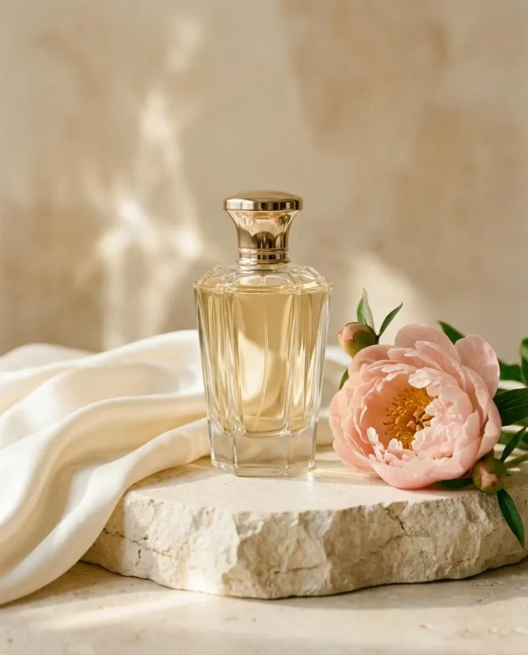Glass perfume bottle with a pink peony