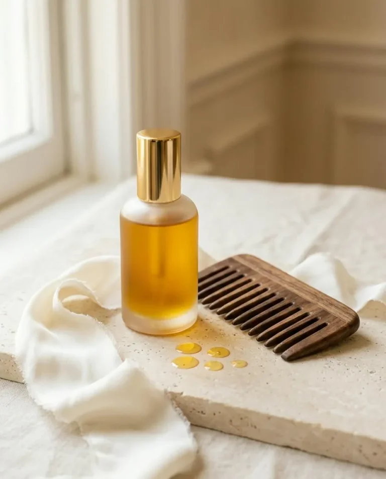 Hair oil bottle and wooden comb on stone