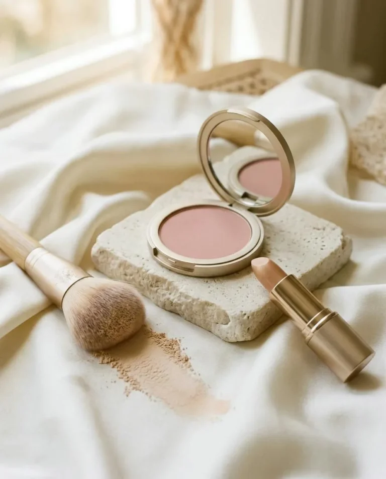 Blush compact, lipstick and brush on ivory silk