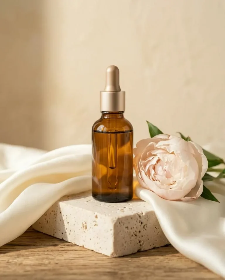 Amber serum dropper bottle on travertine beside a peony