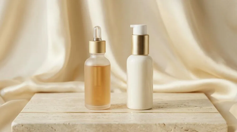 Dropper bottle and pump bottle side by side on travertine