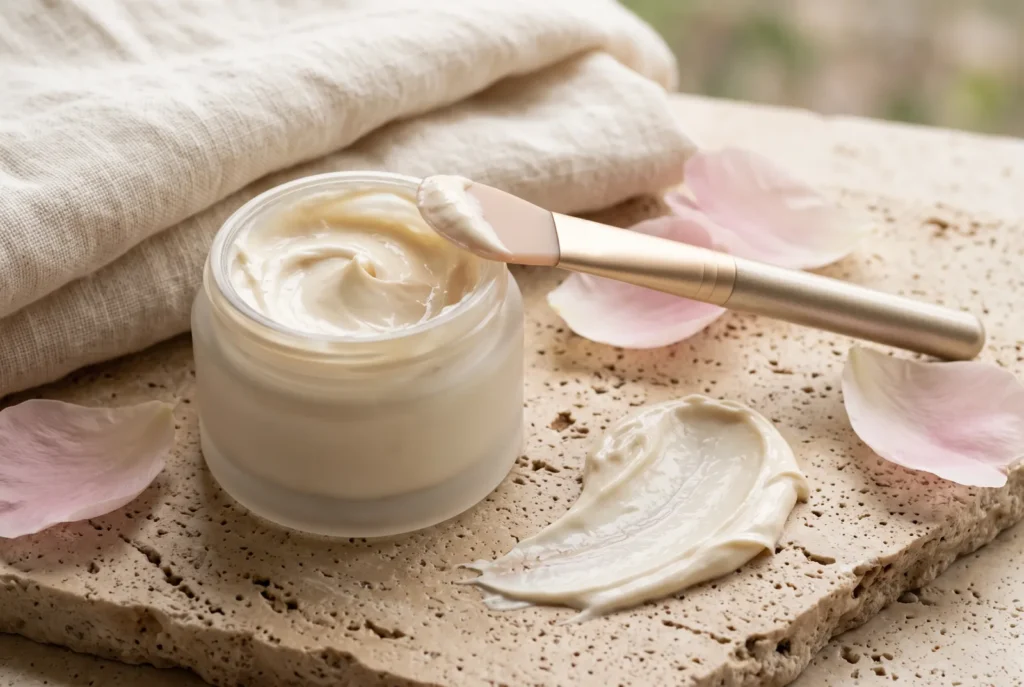 Open jar of thick cream face mask with a silicone spatula on a travertine surface