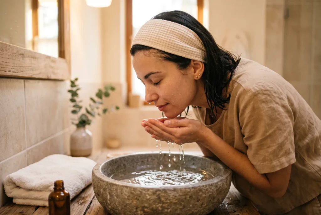 Woman rinsing her face with lukewarm water at a stone basin as part of her evening double cleanse