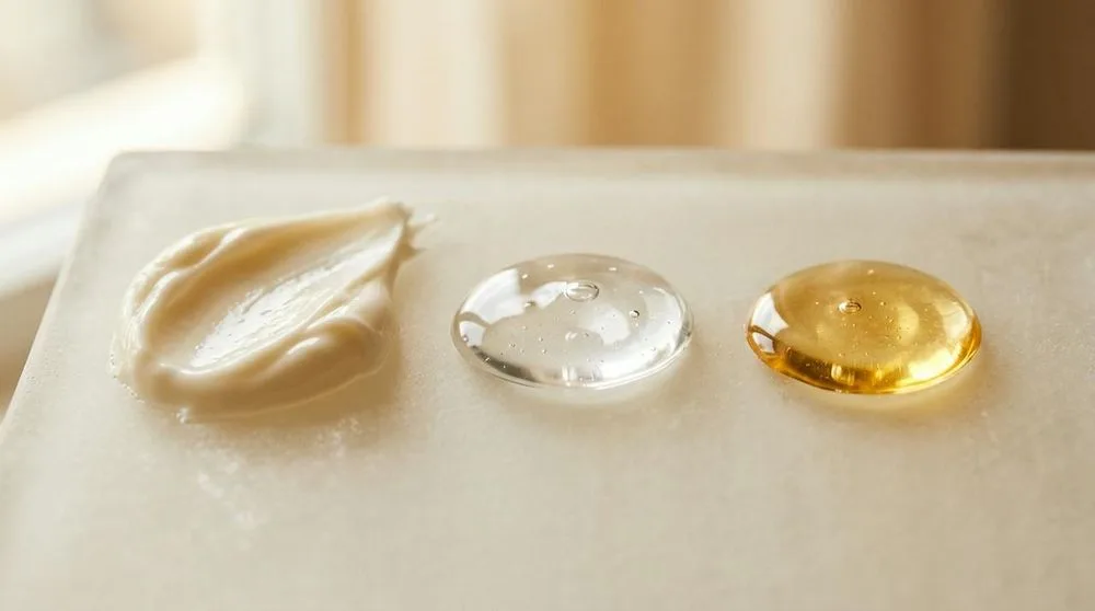 Swatches of cream, gel and serum textures side by side on a neutral surface
