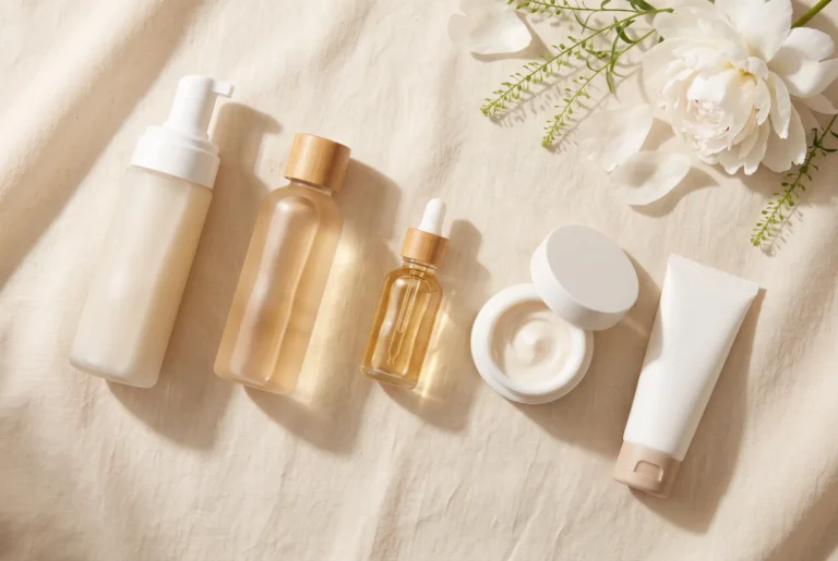 Skincare routine products laid out in order: cleanser, toner, serum, moisturiser and sunscreen