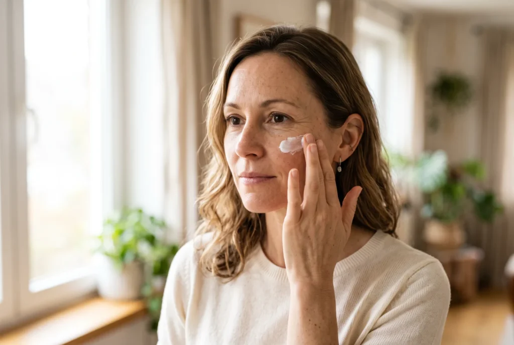 Woman around forty smoothing sunscreen onto her cheekbone in soft morning window light