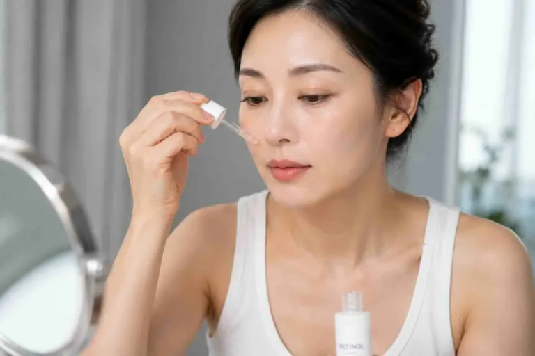 Woman in her late thirties applying a retinol serum with a dropper in front of a mirror