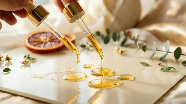 Two droppers releasing golden serum