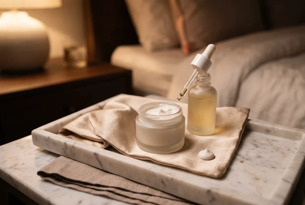 Retinol serum dropper bottle beside an open jar of moisturiser on a marble bedside tray at night