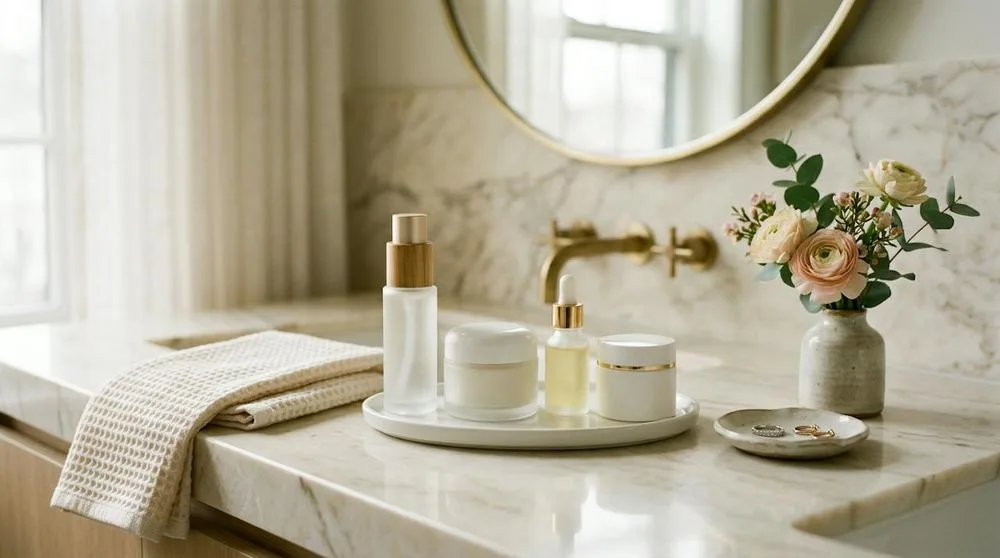 Skincare bottles on a marble vanity