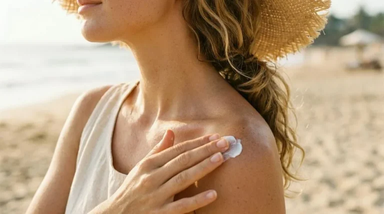 Sunscreen being smoothed onto a shoulder