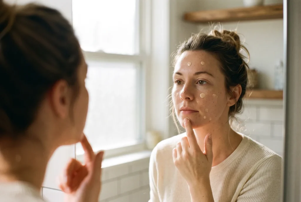 Woman dotting a light tinted CC cream onto her forehead, cheeks and chin in morning light