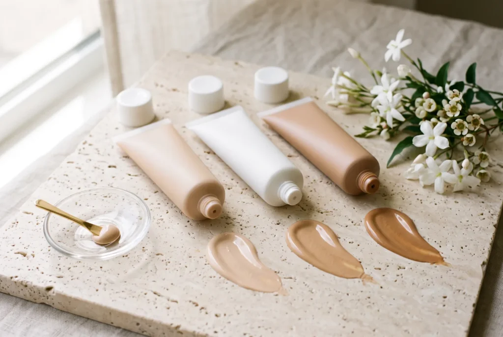 CC cream tubes with light, medium and warm beige shade swatches on a travertine surface