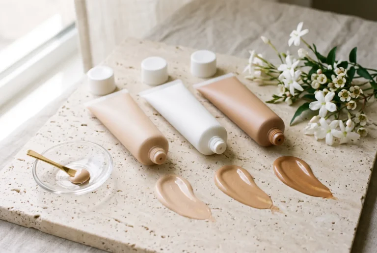 CC cream tubes with light, medium and warm beige shade swatches on a travertine surface