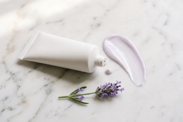 White sunscreen tube beside a swipe of lavender-tinted tone-up sunscreen on marble