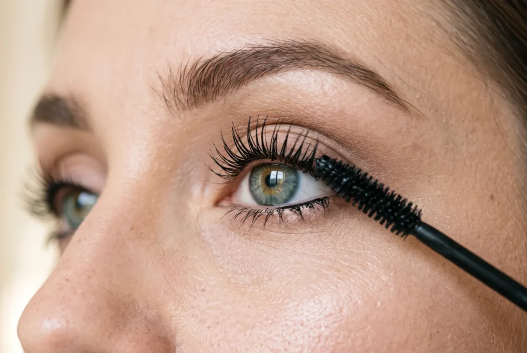 Close-up of a mascara wand sweeping black mascara from the lash roots upward
