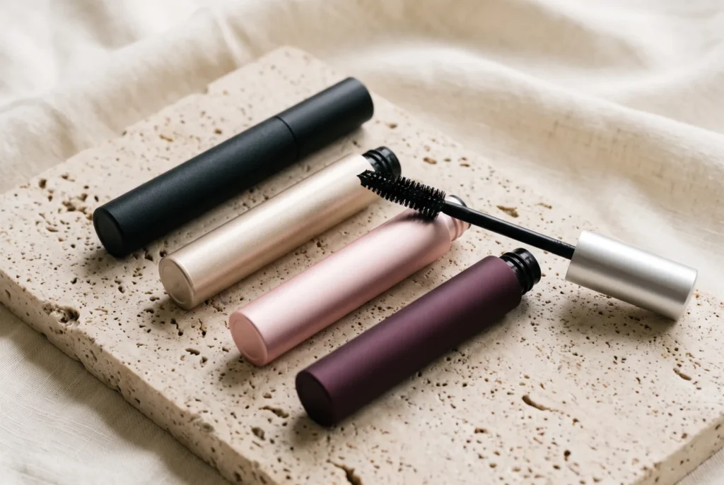 Four mascara tubes in black, gold, pink and plum finishes with a wand showing a dense bristle brush