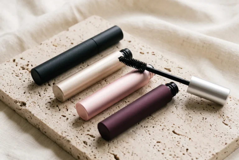 Four mascara tubes in black, gold, pink and plum finishes with a wand showing a dense bristle brush