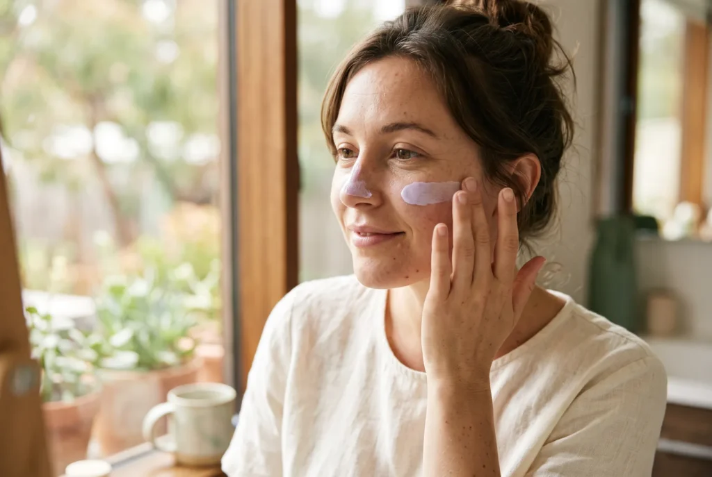 Woman blending a lavender-tinted tone-up sunscreen across her cheek by a window in morning light