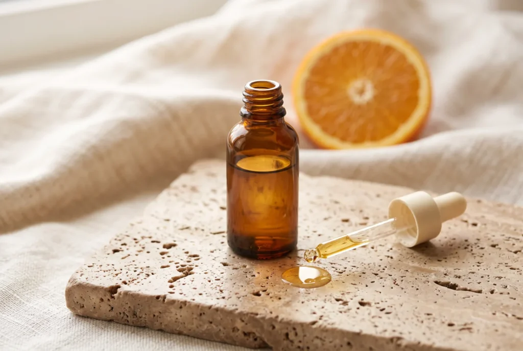 Amber glass dropper bottle of vitamin C serum on a travertine surface with a golden drop